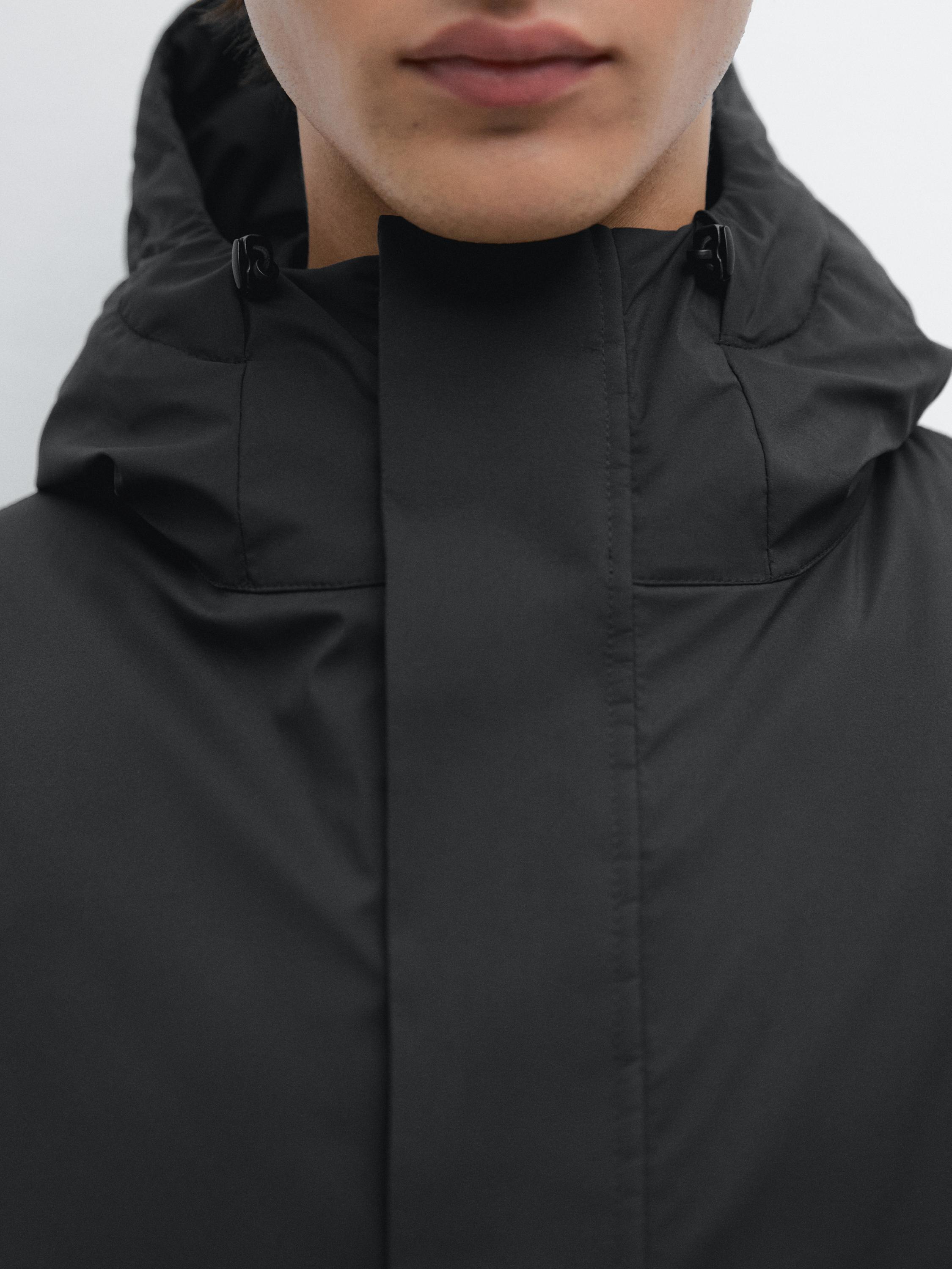 Long water-repellent down blend hooded parka